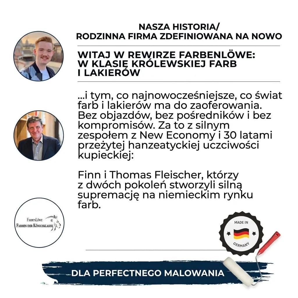 Rodzinna firma Farbenlöwe: historia i oferta farb/lakierów "Królewskiej Klasy", z wizerunkami Finna i Thomasa Fleischera.