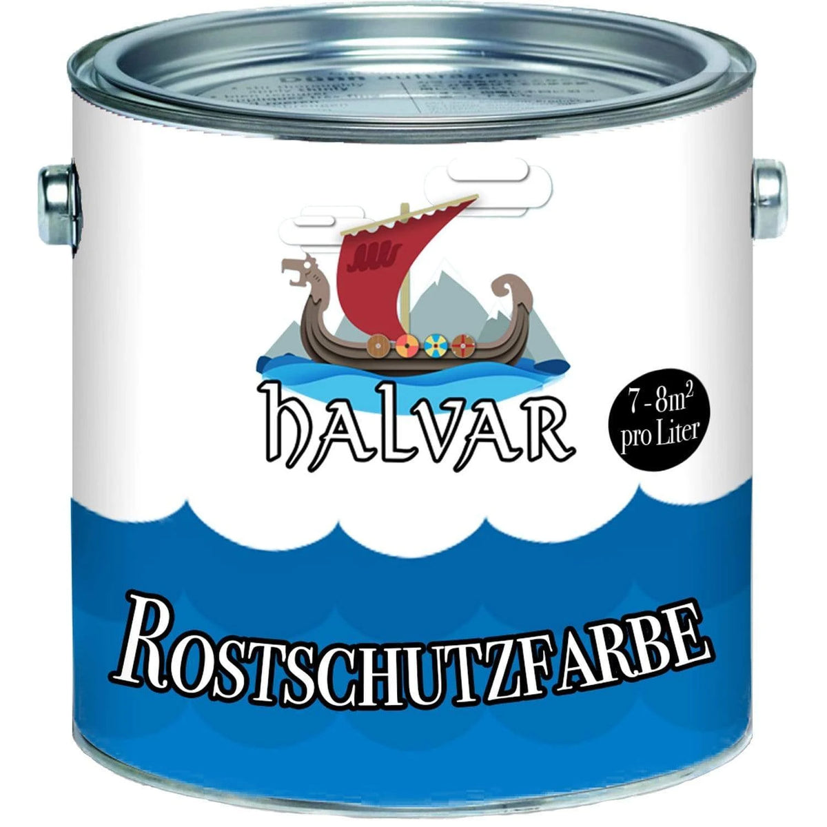 Halvar "Rostschutzfarbe" malingdåse med vikingeskib og "7-8m² pro Liter" dækning.
