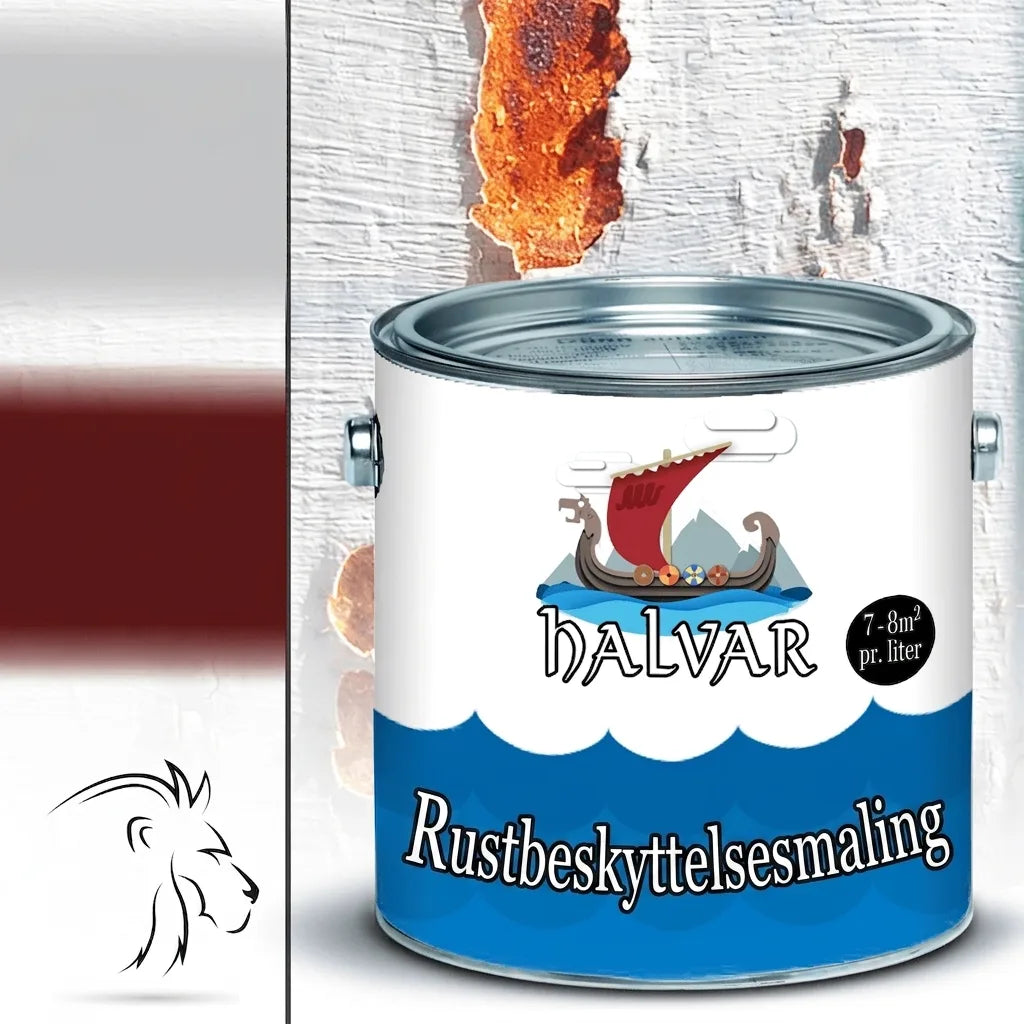 Halvar rødbrun rustbeskyttelsesmaling i hvid dåse med vikingeskibslogo. Dækker 7-8m² pr. liter.