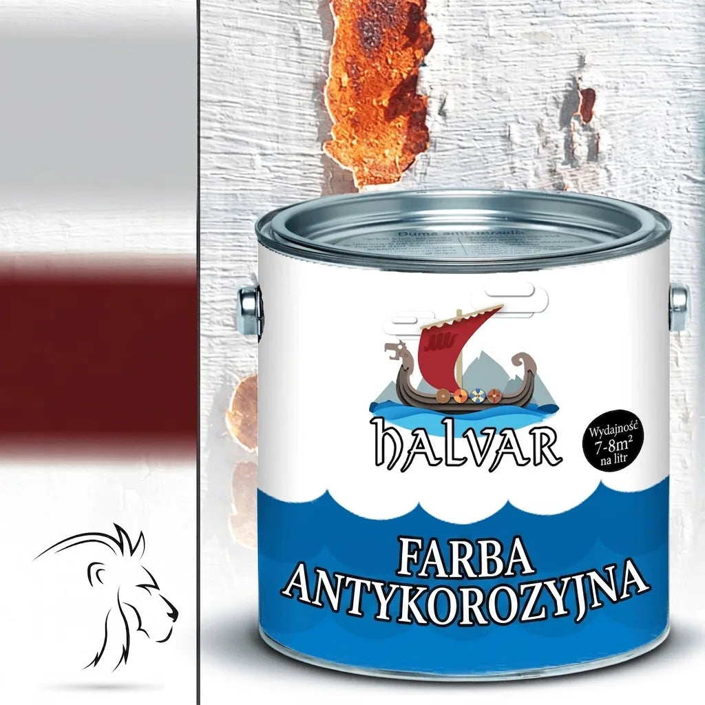 Puszka farby antykorozyjnej Halvar z logo łodzi wikingów, wydajność 7-8m² na litr.
