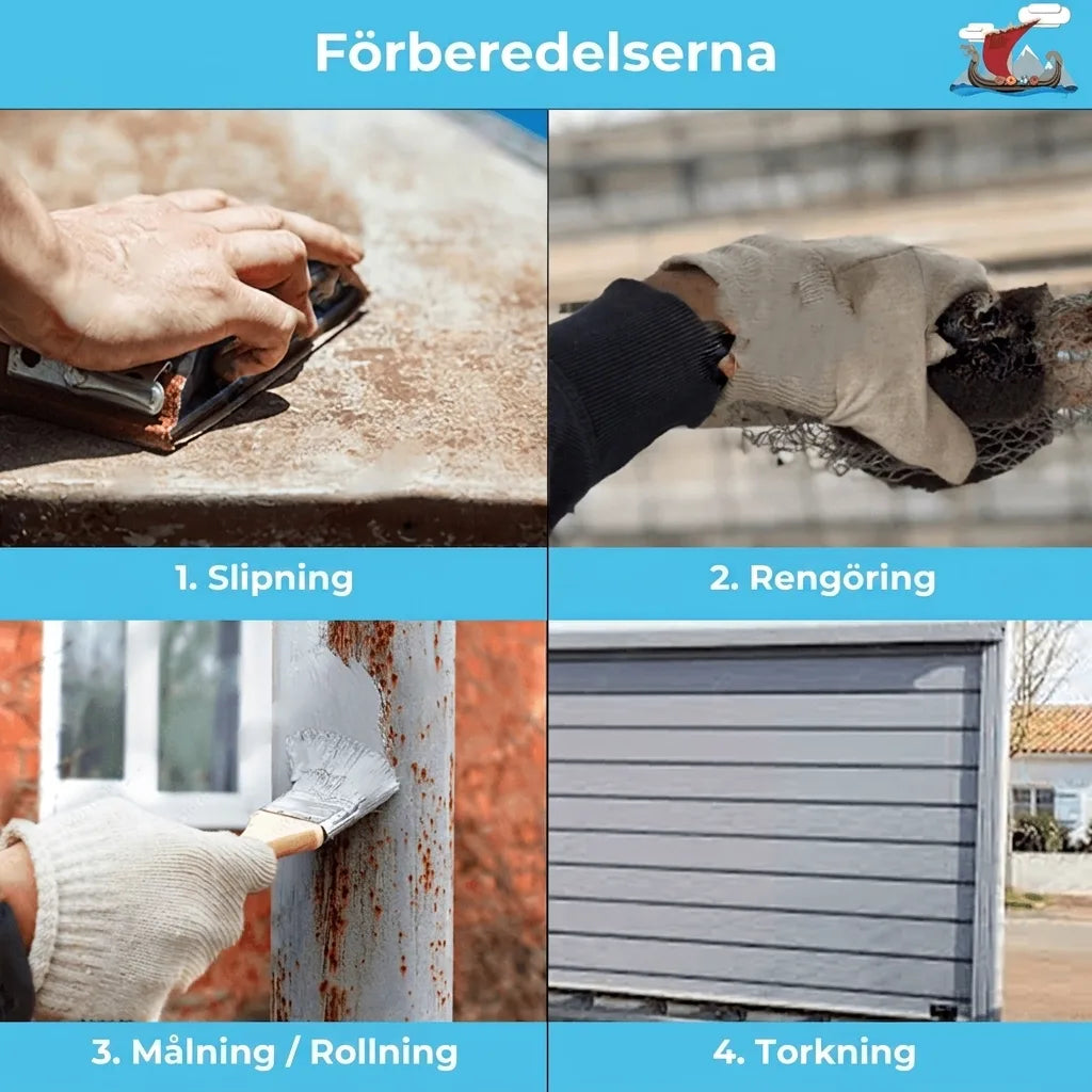Förberedelse för målning: slipa, rengöra, måla och torka ytor steg för steg.