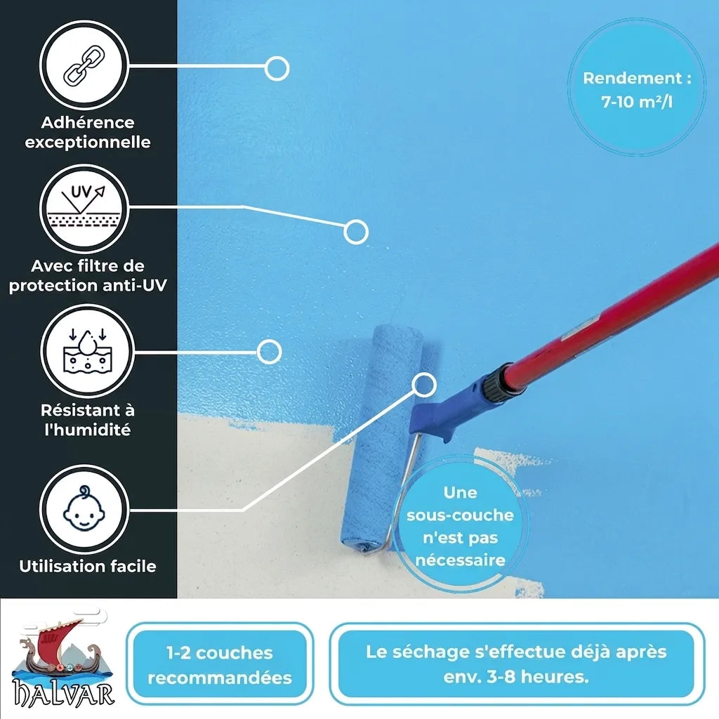 Peinture bleue au rouleau. Adhérence, UV, humidité, facile, sans primaire, séchage rapide 3-8h.