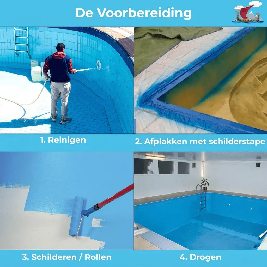 Stapsgewijze handleiding voor het voorbereiden van een zwembad: reinigen, afdekken, schilderen, drogen.