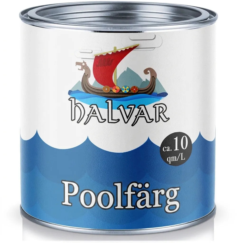 Burk med Halvar poolfärg, design med vikingaskepp. Täcker cirka 10 kvm/L.
