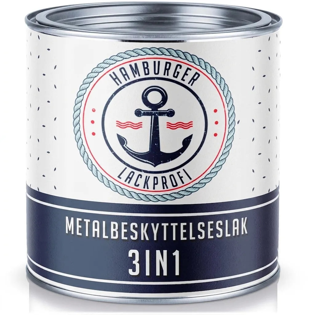 Dåse med Hamburger Lackprofi 3-i-1 metalbeskyttelseslak med sømandstema og ankerlogo.