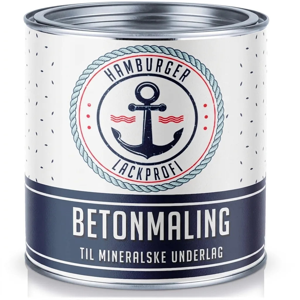 Hvid og blå dåse med Hamburger Lackprofi betonmaling til mineralske underlag.