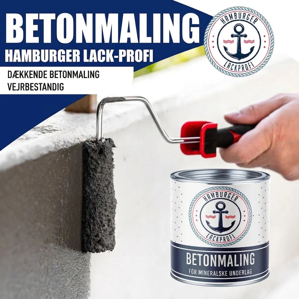 Hamburger Lack-Profi betonmaling påføres med rulle. Dækkende, vejrbestandig maling til mineralske underlag.