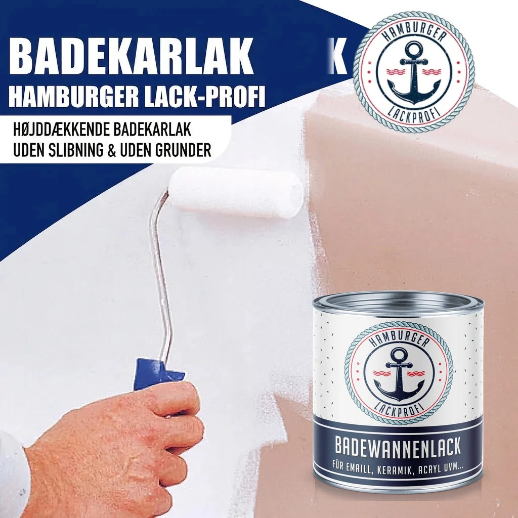 BADEKARLAK "HAMBURGER LACK-PROFI" maling påføres med rulle. Dåse med "BADEWANNENLACK".