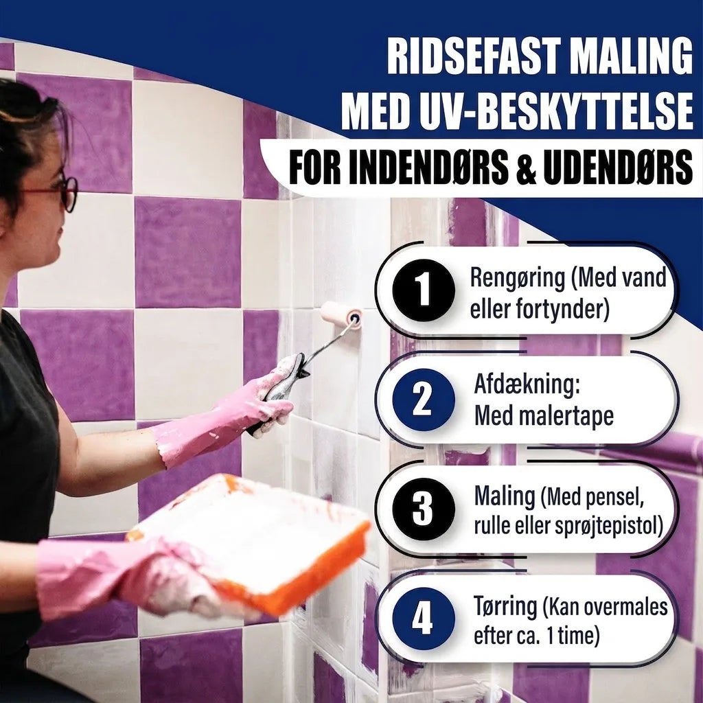 Kvinde maler fliser med kradsefast UV-beskyttende maling til inde/ude. Se 4 trin til perfekt resultat.