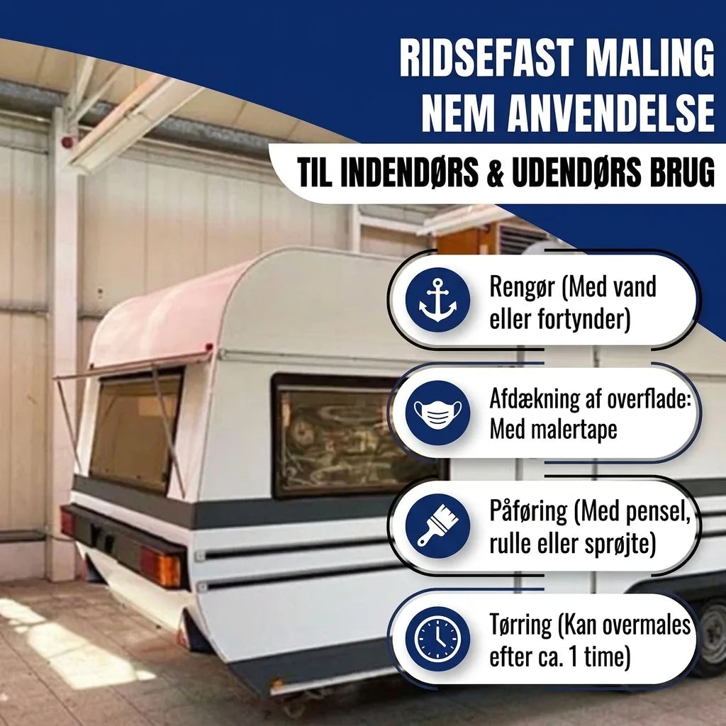 Ridsefast maling til campingvogn. Nem påføring til inde/ude. 4 trin: rengør, afdæk, mal, tør.