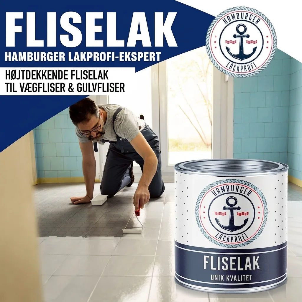 Højdækkende flisemaling til væg- og gulvfliser fra Hamburger Lack-Profi. Mand maler gulvfliser hvide.