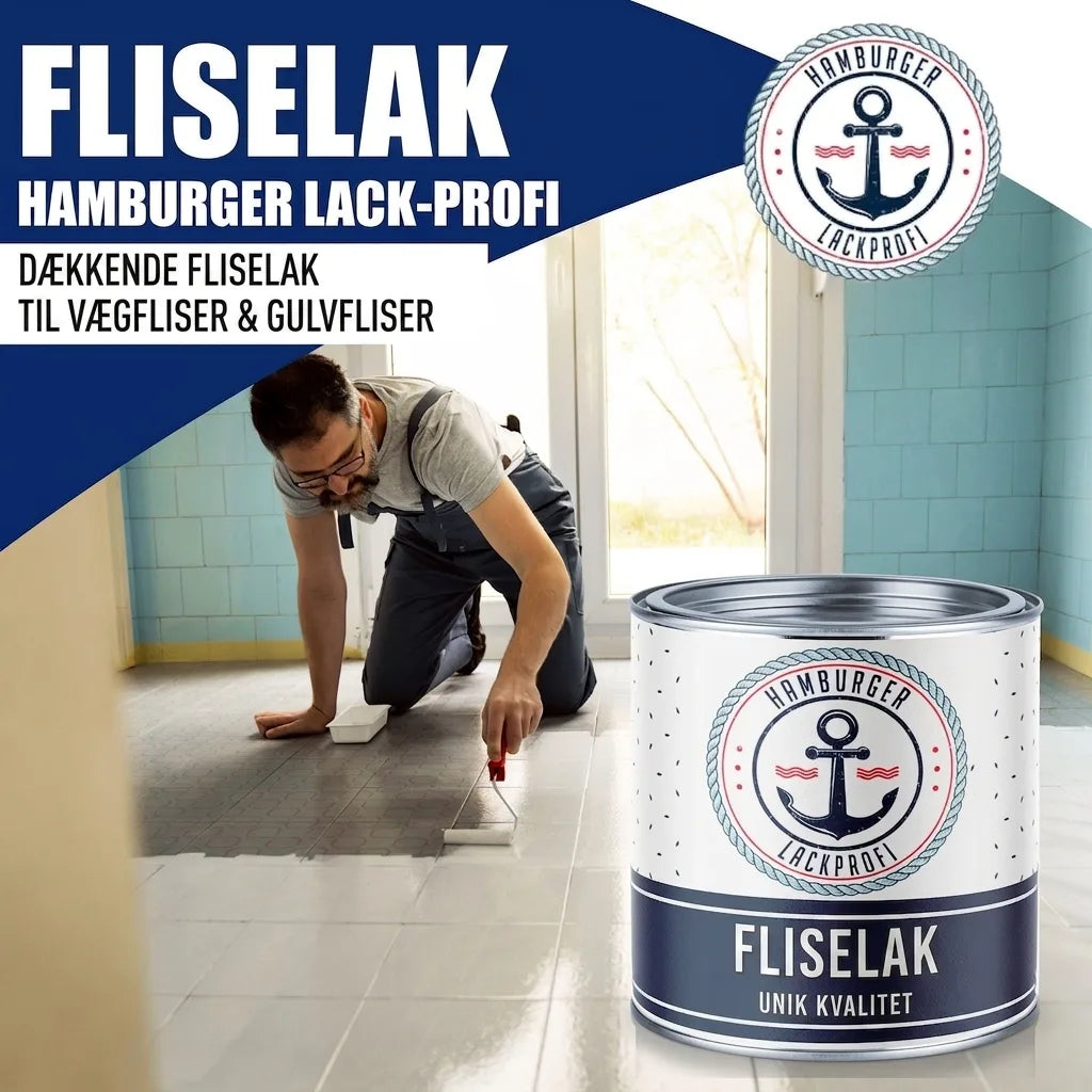 Mand maler gulvfliser hvide. En dåse Hamburger Lack-Profi fliseemaling til væg- og gulvfliser med høj dækkevne.