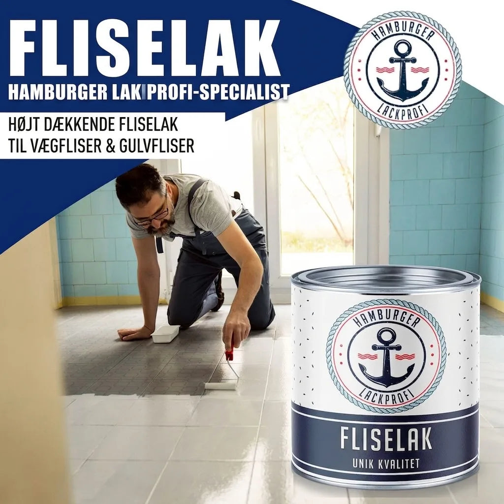 Højdækkende flisemaling til væg- og gulvfliser fra Hamburger Lack-Profi. Mand maler gulvfliser hvide.