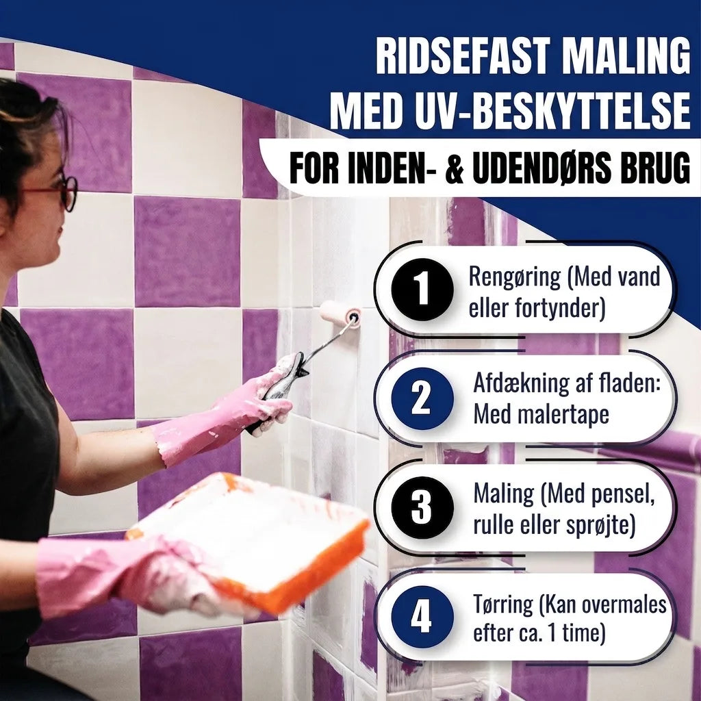 Kvinde maler fliser hvide. Ridsefast maling med UV-beskyttelse til inde/ude og 4 trin til påføring.