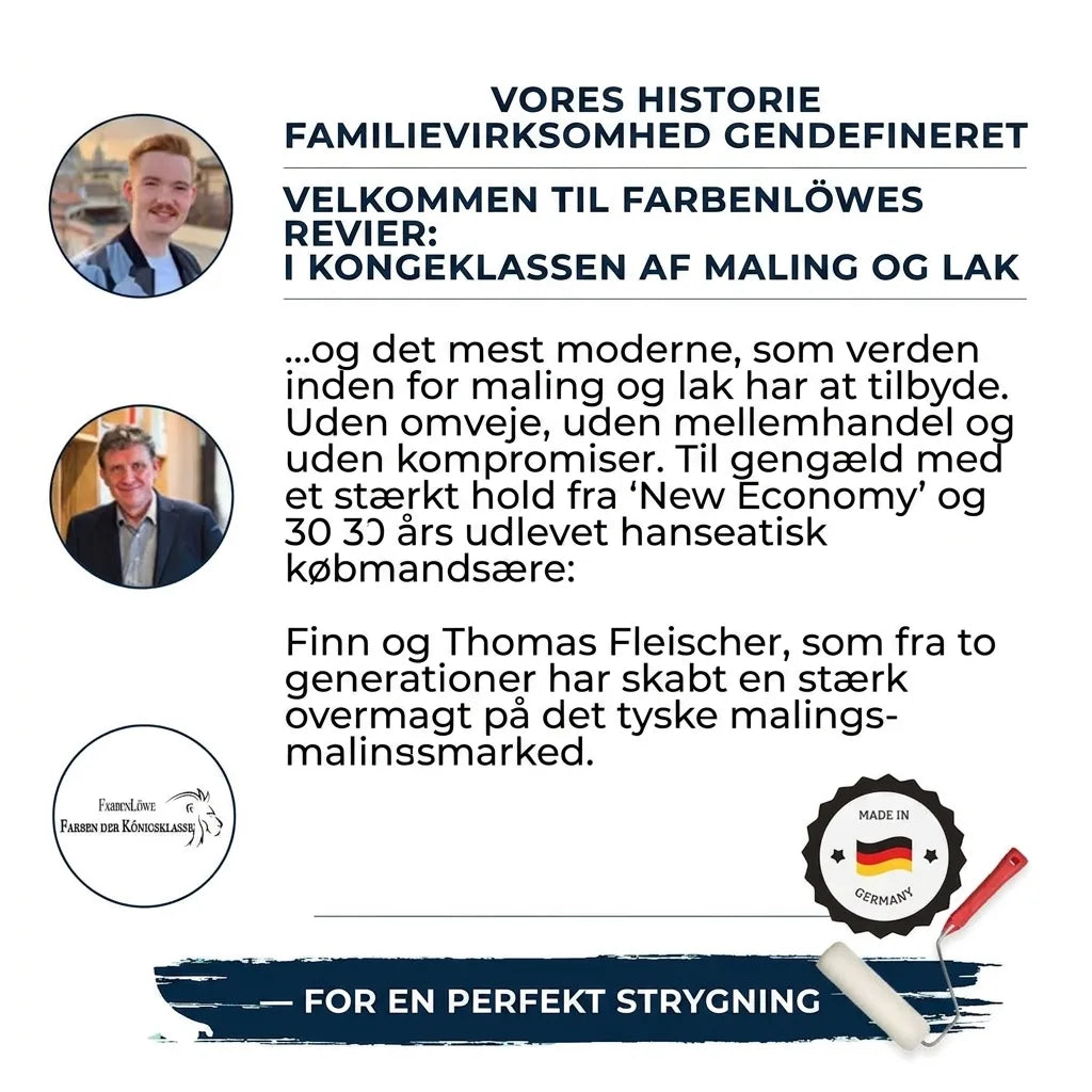 FarbenLöwe familiehistorie med grundlæggerne Finn & Thomas Fleischer. Topkvalitet maling & lak. Made in Germany.