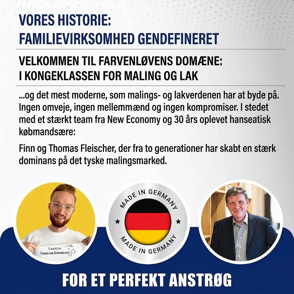 To mænd og tysk tekst om familieforetagendet 'Farbenlöwe' (Farveløven), der specialiserer sig i maling og lak. 'Made in Germany'-badge.