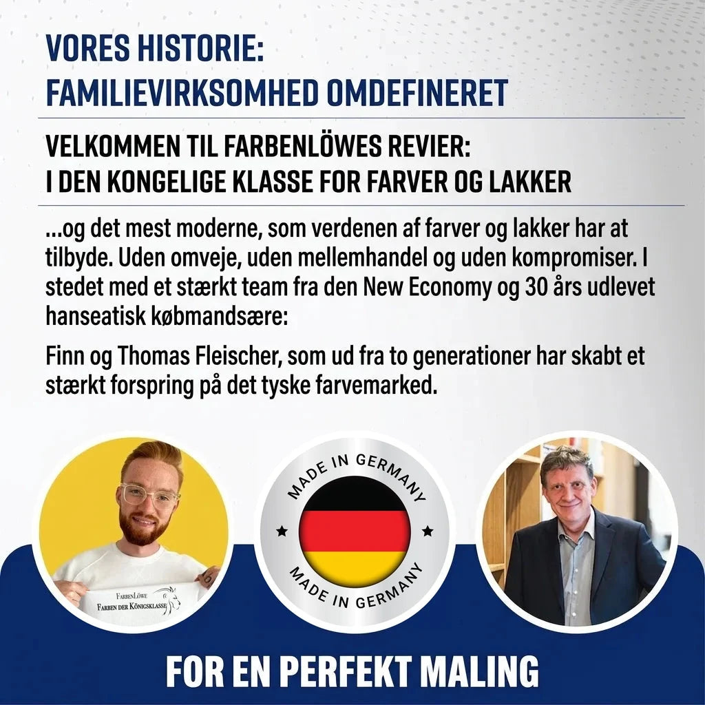 Portræt af stifterne Finn og Thomas Fleischer, der præsenterer Farbenlöwe, en tysk familievirksomhed for maling og lak.