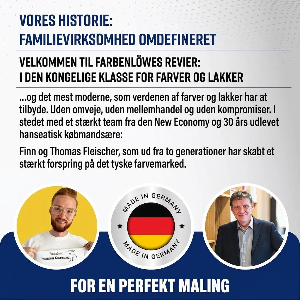 Portræt af stifterne Finn og Thomas Fleischer, der præsenterer Farbenlöwe, en tysk familievirksomhed for maling og lak.