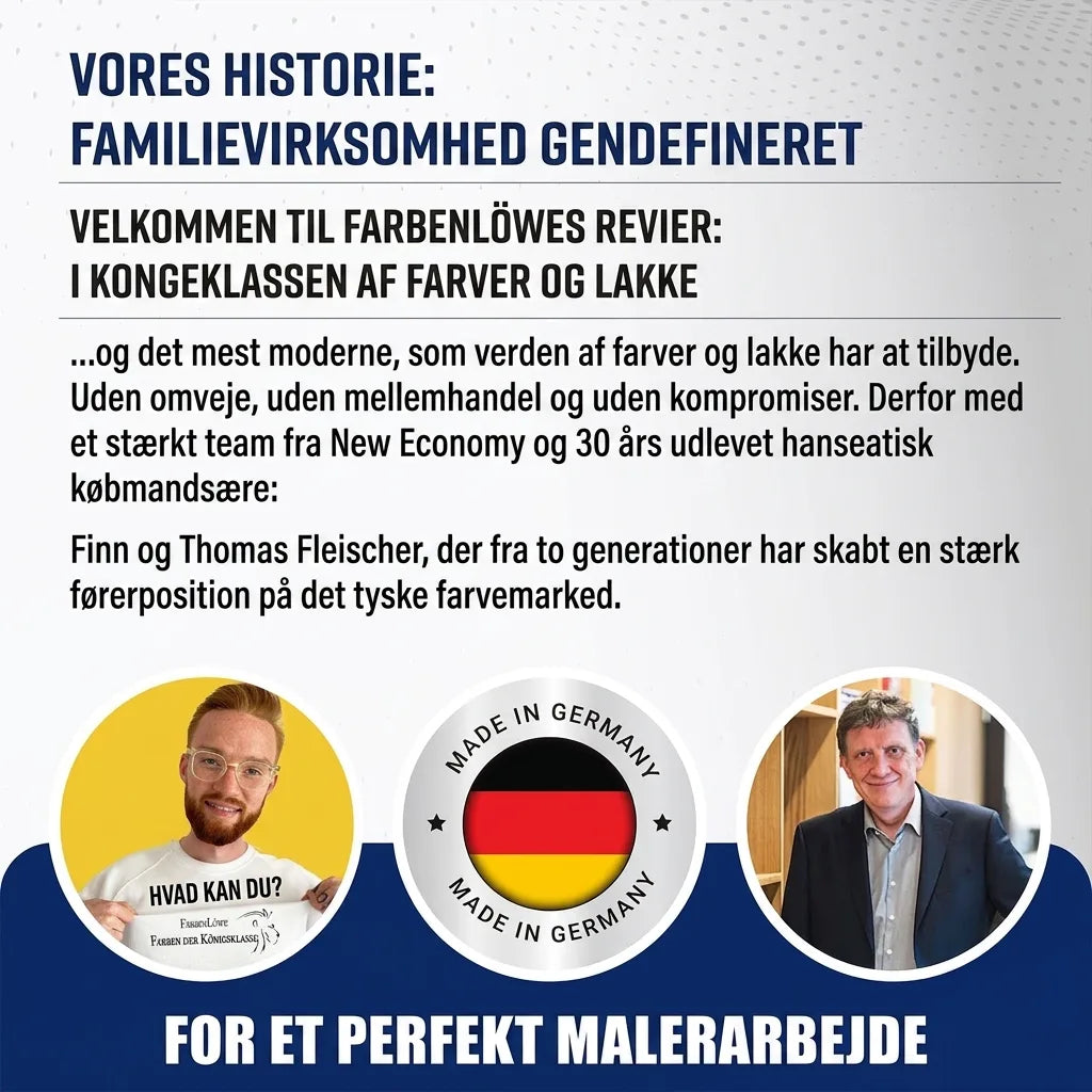 To mænd og tysk tekst om familieforetagendet 'Farbenlöwe' (Farveløven), der specialiserer sig i maling og lak. 'Made in Germany'-badge.