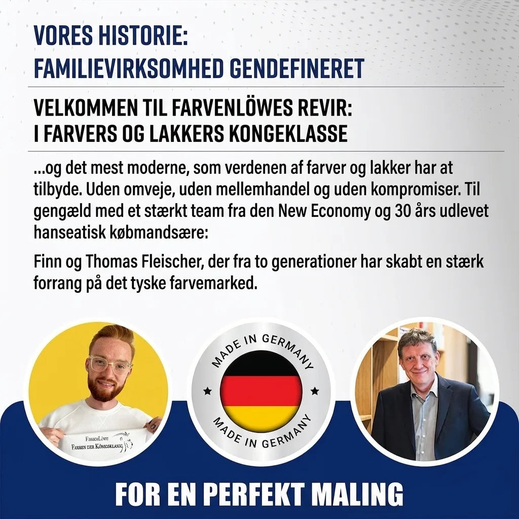 Tysk marketinggrafik om familieejet malingsvirksomhed Farbenlöwe, med to mænd, tysk flag og tekst om deres historie.