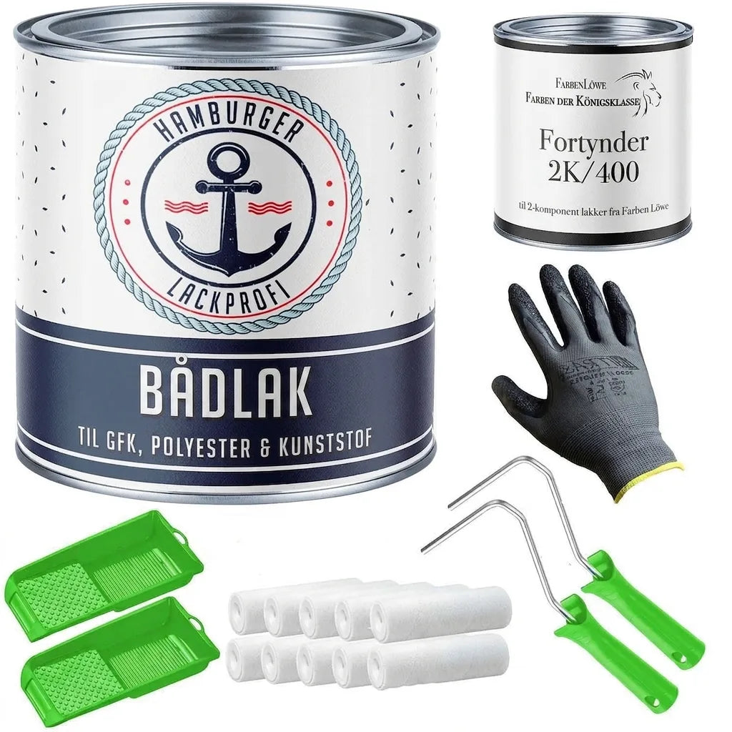Sæt med Hamburger Lackprofi bådlak, fortynder, handsker, malerruller og bakker til GFK, polyester, plast.