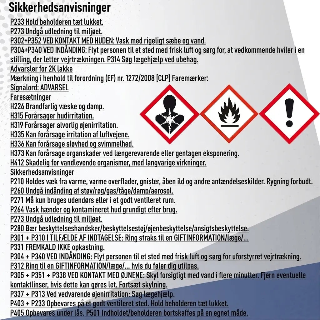 Sikkerhedsanvisninger og fareadvarsler fra tysk produktetiket med farepiktogrammer.