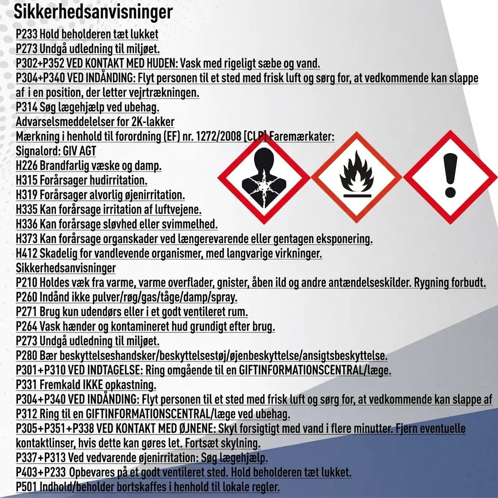 Sikkerhedsanvisninger og fareadvarsler fra tysk produktetiket med farepiktogrammer.