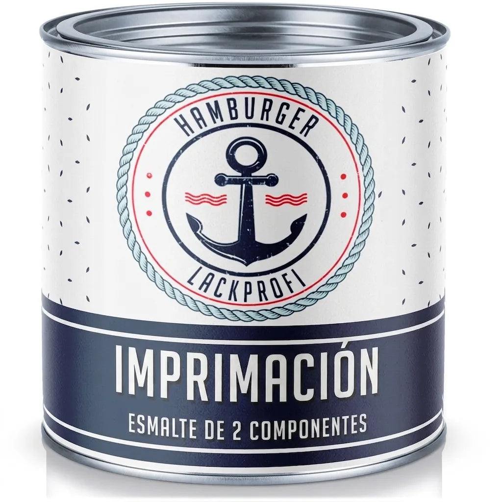 Envase de imprimación y laca de 2 componentes 'Hamburger Lackprofi' con diseño náutico de ancla.