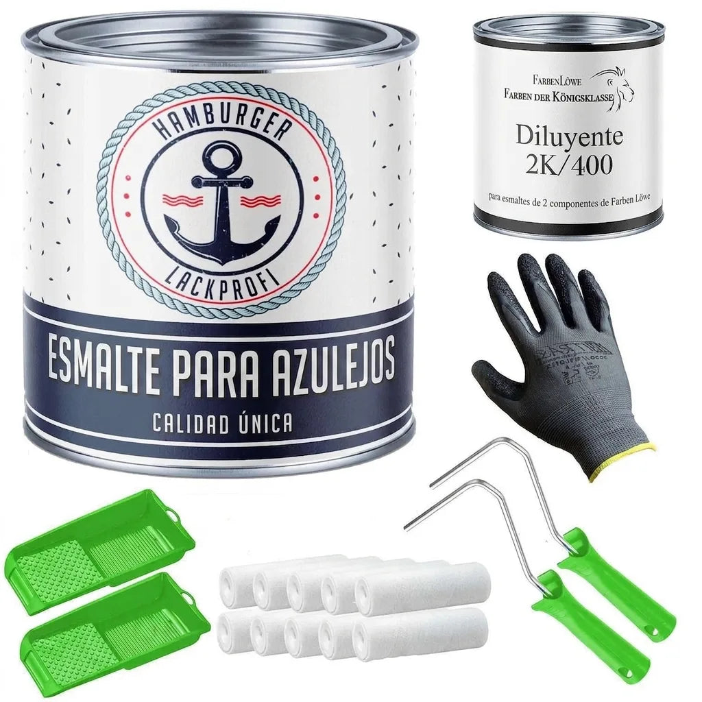 Set de pintura para azulejos: laca Hamburger Lackprofi, diluyente, rodillos, bandejas y guante.