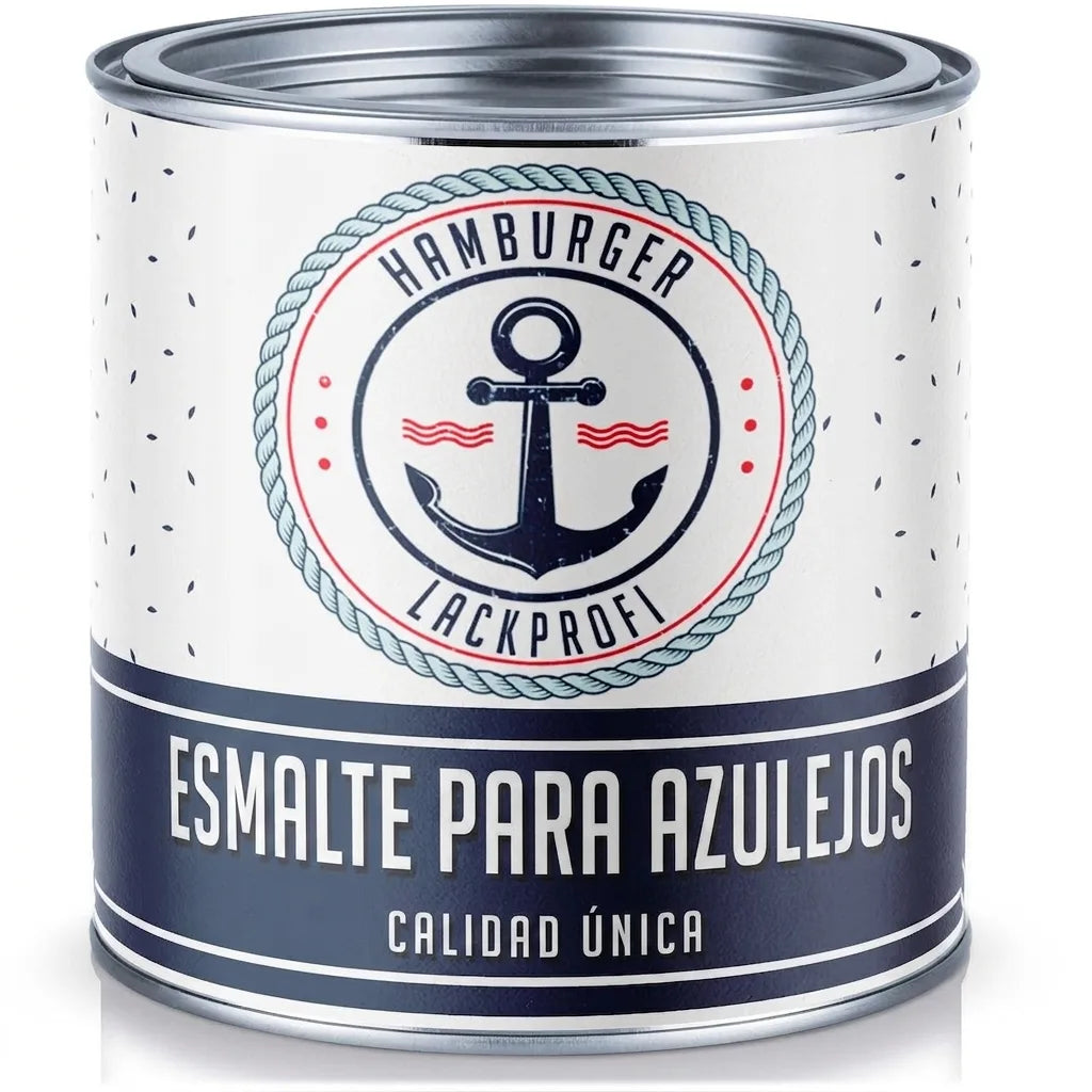 Bote de pintura para azulejos marca Hamburger Lackprofi. Etiqueta náutica con ancla y 'Calidad Única'.