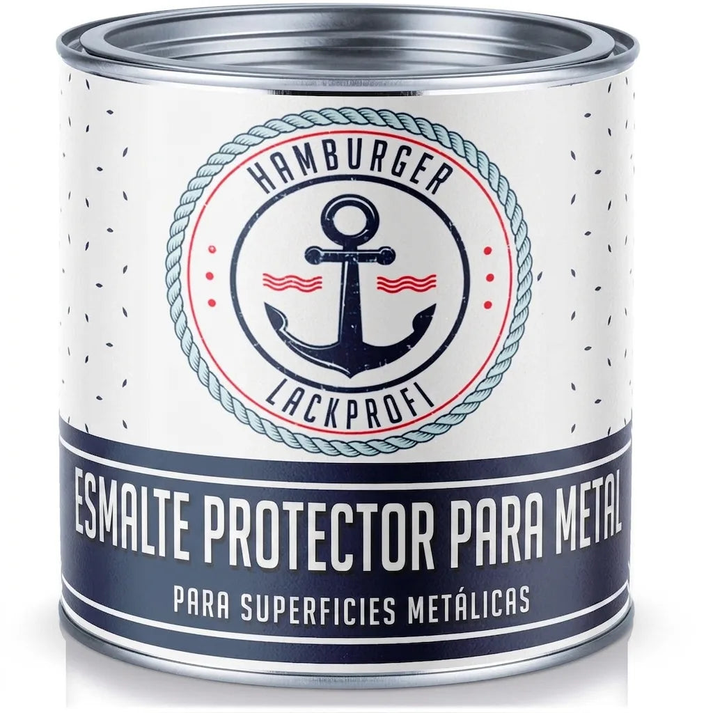 Lata de pintura protectora de metal, marca Hamburger Lackprofi. Esmalte para superficies metálicas.