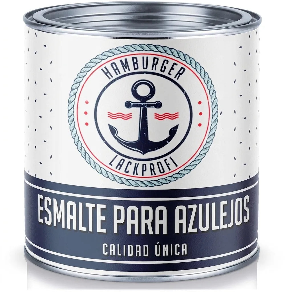 Bote de laca para azulejos con etiqueta náutica de ancla y texto 'Calidad Única'.