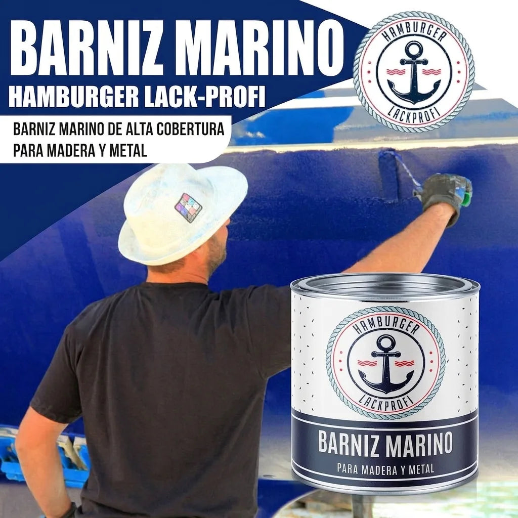 Hombre pintando un barco azul con laca para barcos Hamburger Lack-Profi, cubriente para madera y metal.