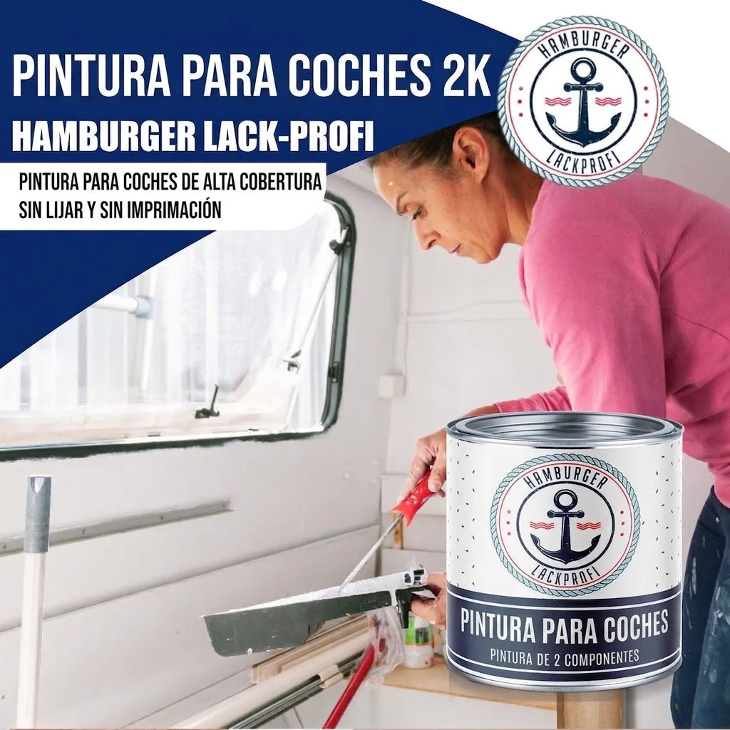 Mujer pintando interior con rodillo. Lata de pintura 2K Autolack Hamburger Lack-Profi en primer plano.