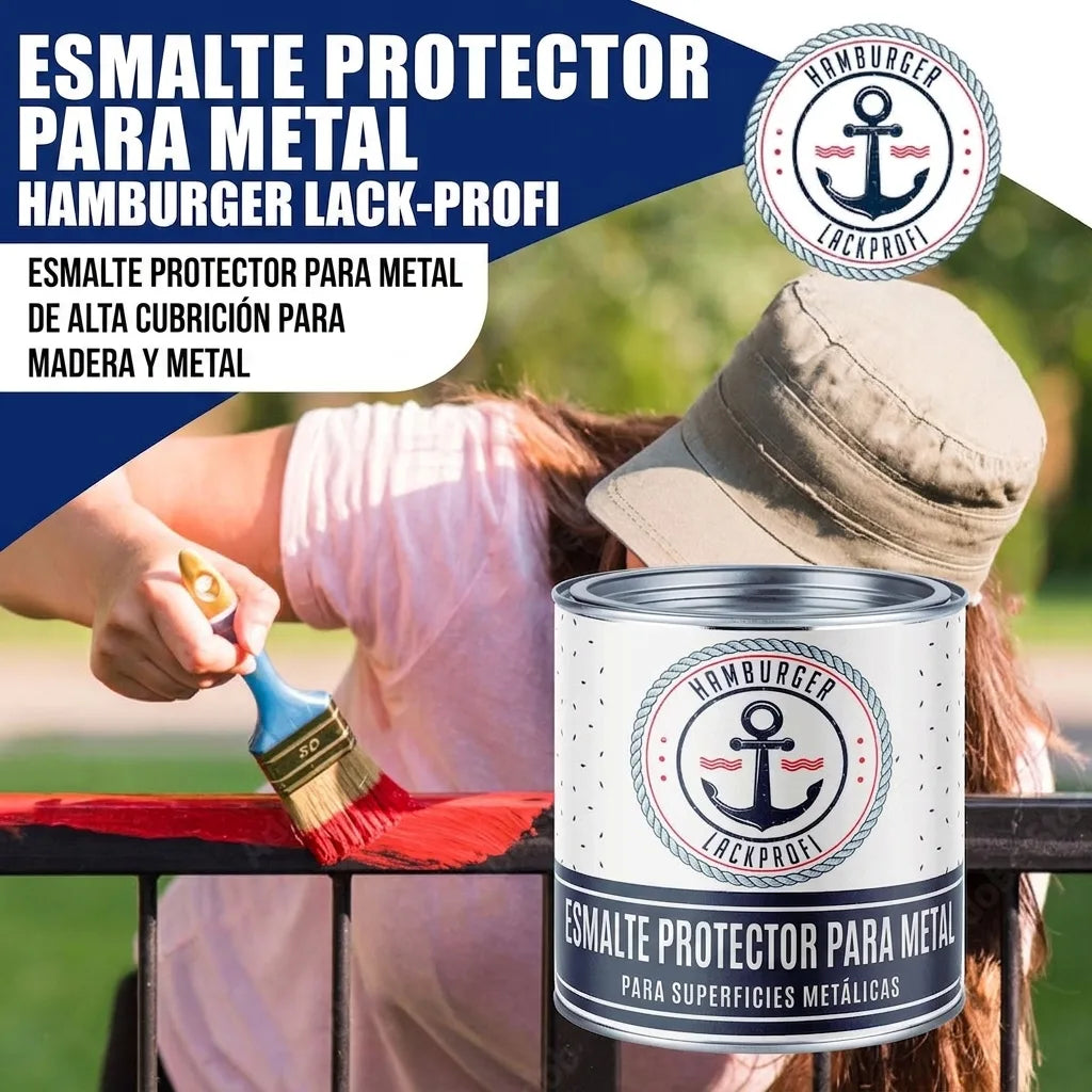 Persona pintando una barandilla con esmalte protector metálico Hamburger Lack-Profi de alto cubrimiento para madera y metal.