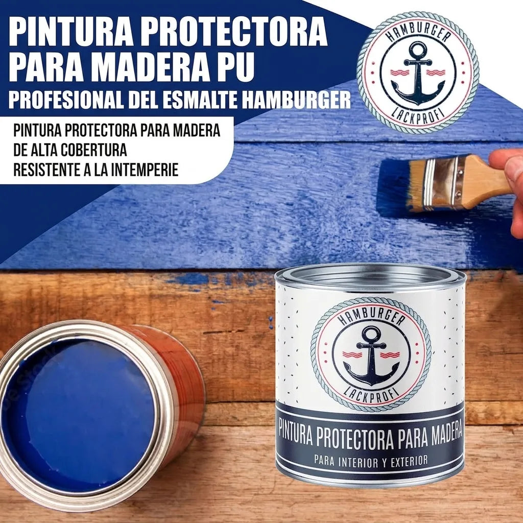 Pintura protectora de madera PU azul, opaca y resistente a la intemperie, aplicada con brocha. Latas de pintura.