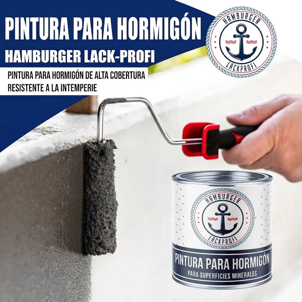 Pintura para hormigón Hamburger Lack-Profi aplicándose en superficie, lata de producto. Alta cobertura, resistente.