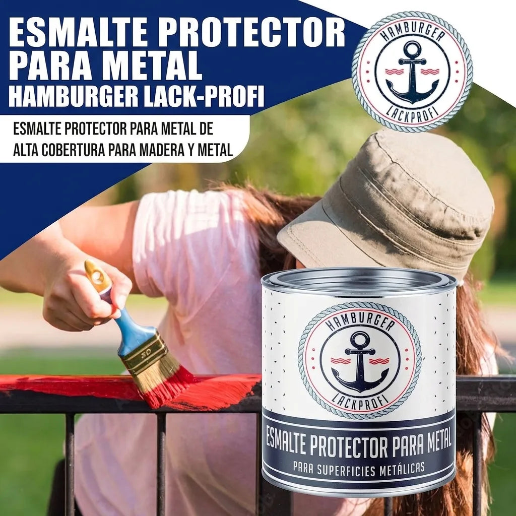 Mujer pintando barandilla con laca protectora para metal Hamburger Lack-Profi, para madera y metal.