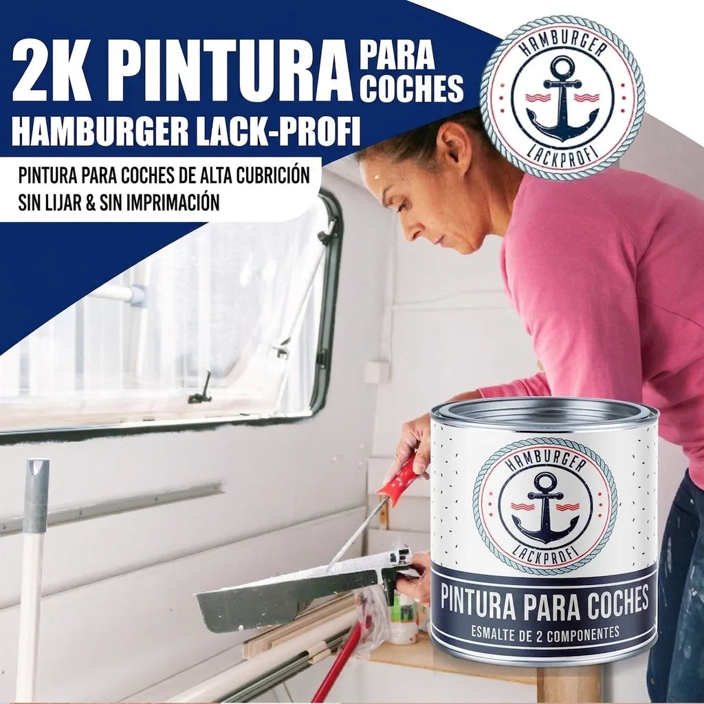 Mujer pintando interior con rodillo. Lata de pintura 2K Autolack Hamburger Lack-Profi en primer plano.