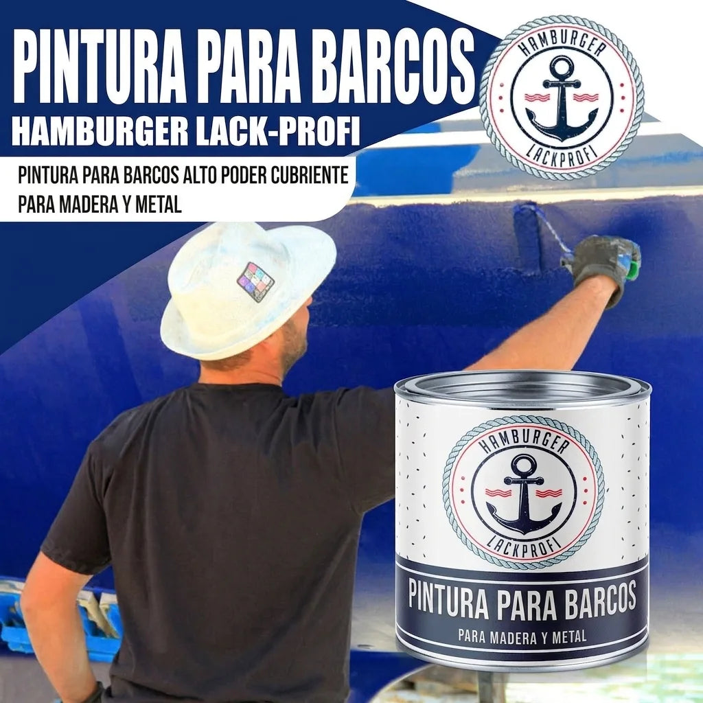 Hombre pintando un barco de azul, con lata de pintura "Hamburger Lack-Profi Bootslack para madera y metal".