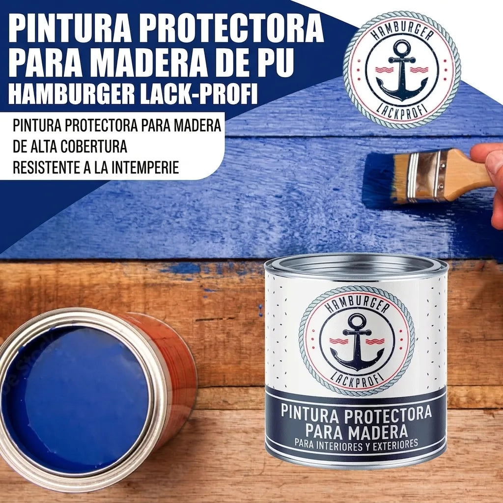 Pintura PU azul para madera Hamburger Lack-Profi. Protección, alta cobertura, resistente intemperie, interior/exterior.
