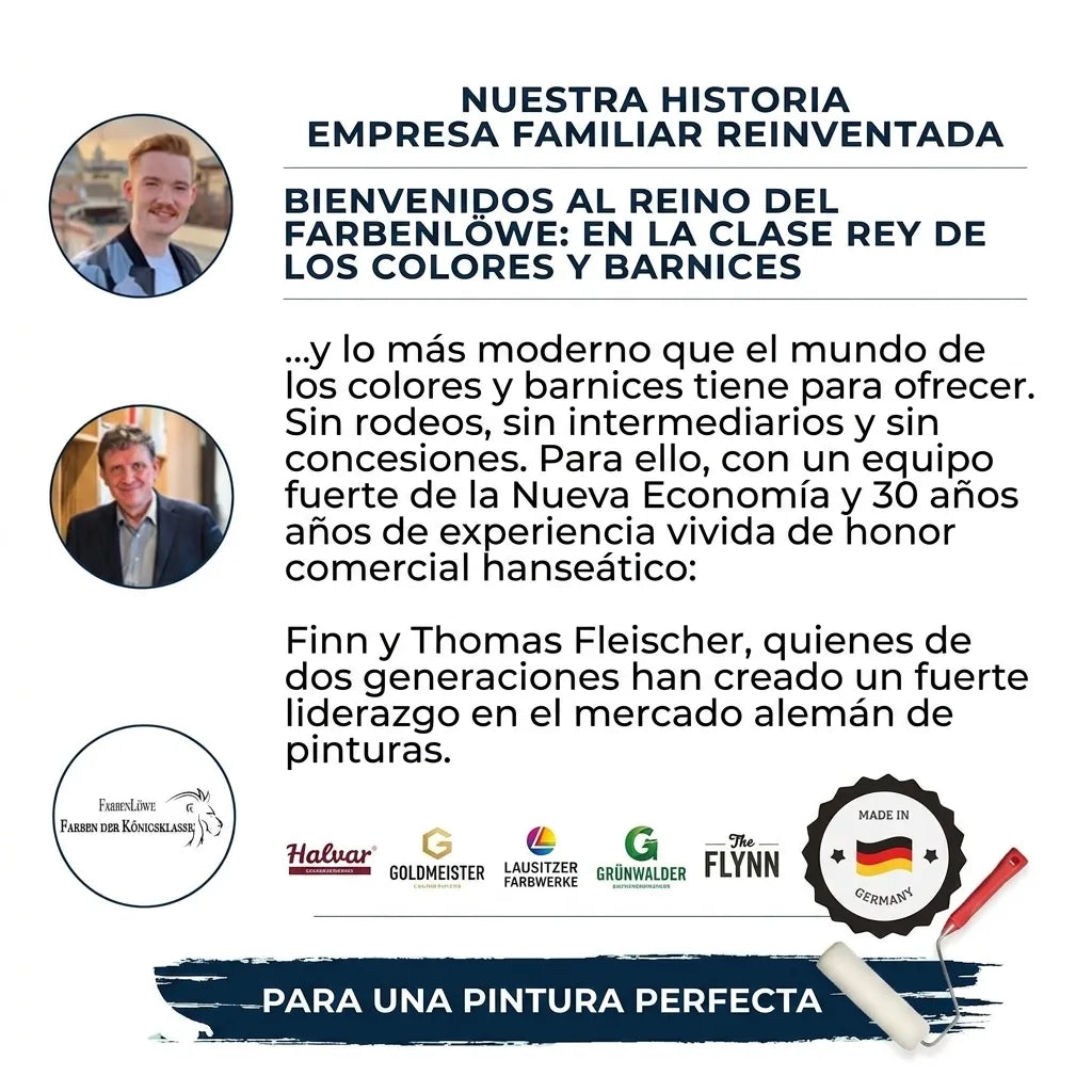 Historia de una empresa familiar de pinturas con fotos de los fundadores, su filosofía de negocio y eslogan.