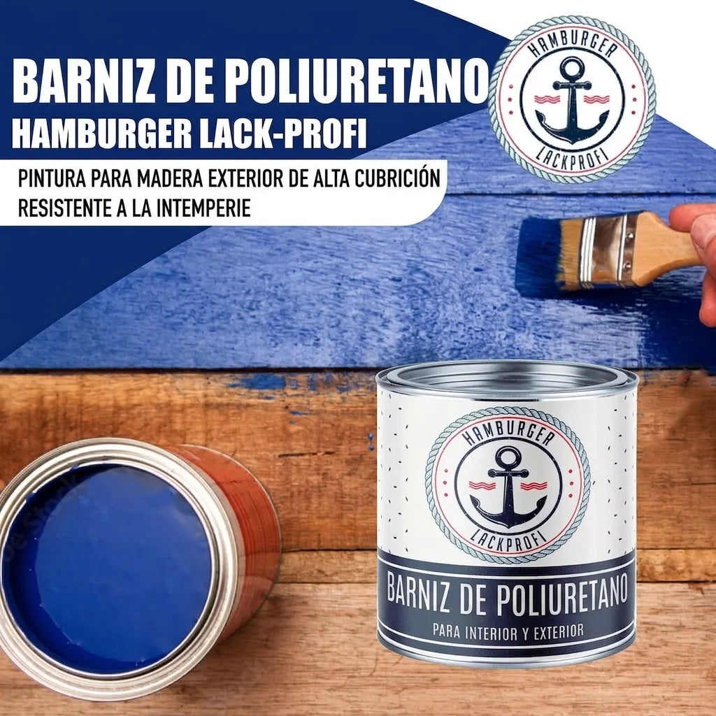 Pintura PU azul para madera Hamburger Lack-Profi. Protección, alta cobertura, resistente intemperie, interior/exterior.