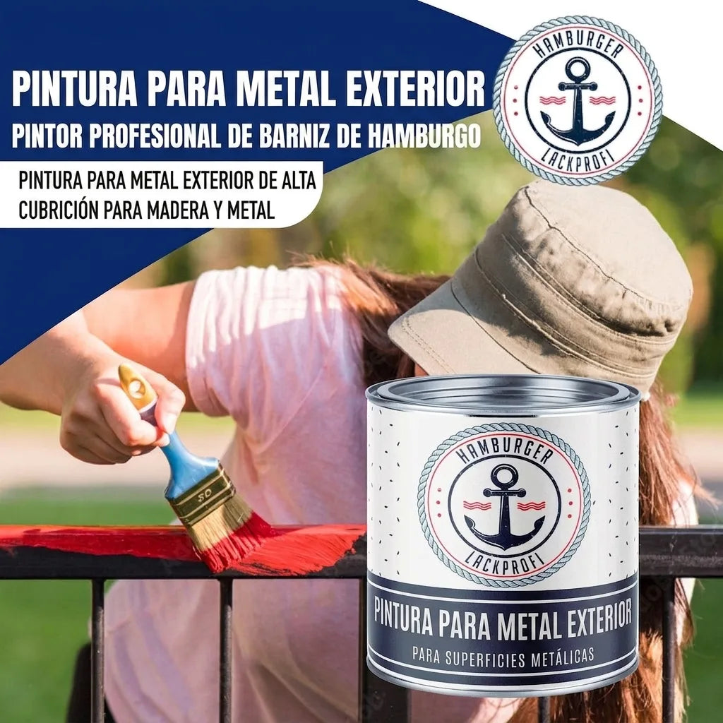 Persona pintando valla metálica con pintura protectora roja Hamburger Lack-Profi para madera y metal.