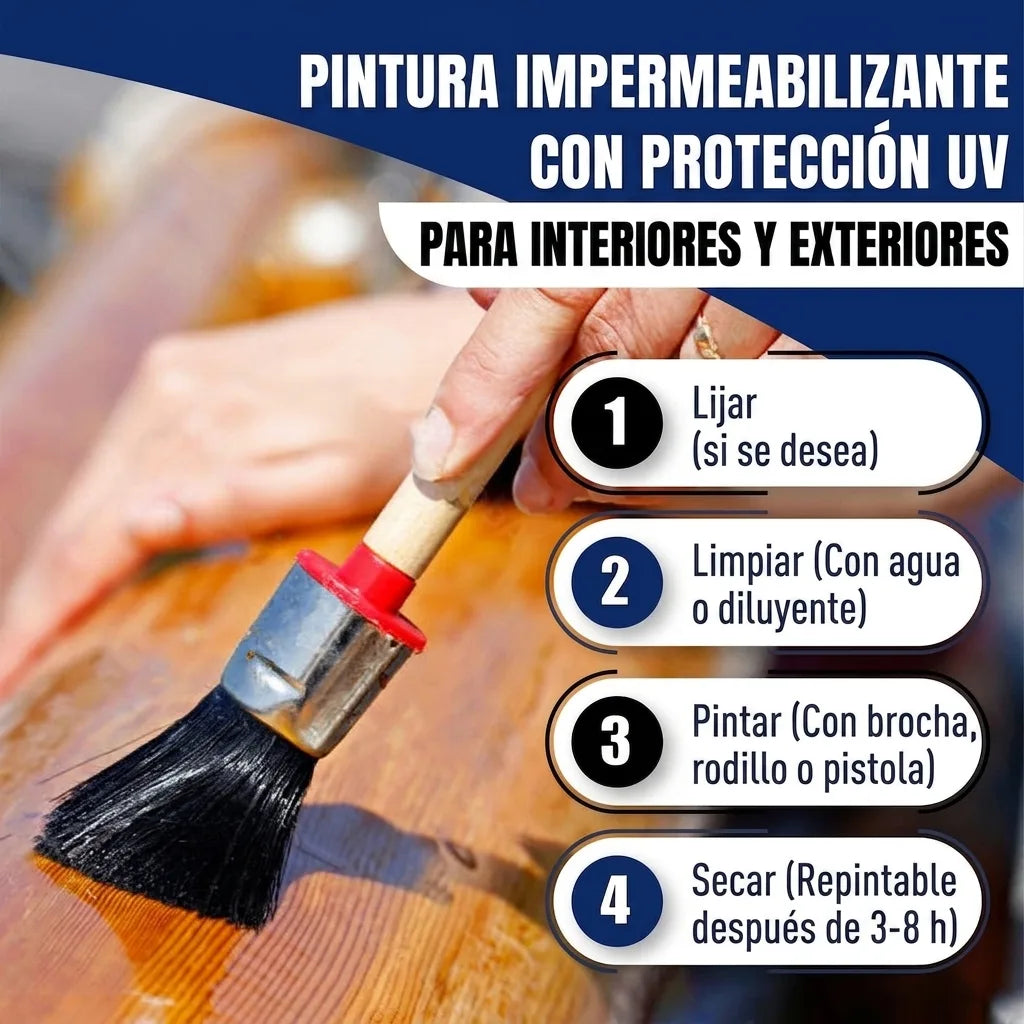 Instrucciones de aplicación de pintura resistente a la intemperie con protección UV para interiores y exteriores.
