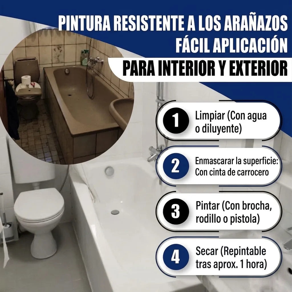 Baño antes/después: bañera renovada con pintura resistente a arañazos. Aplicación fácil para interior y exterior.
