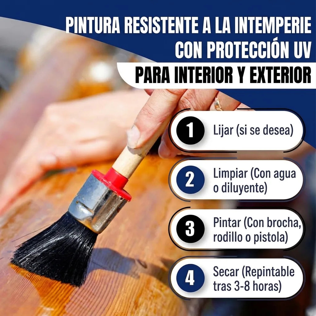 Mano pintando madera con brocha. Título: Pintura exterior/interior con protección UV. Incluye 4 pasos de aplicación.