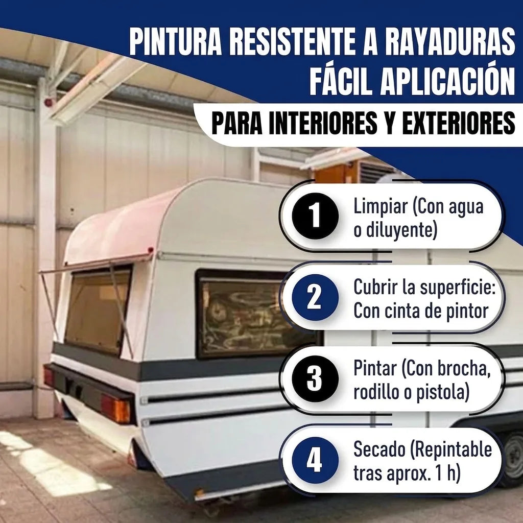 Pintura para caravanas: resistente a arañazos, fácil de aplicar para interior/exterior. Pasos: limpiar, encintar, pintar, secar.