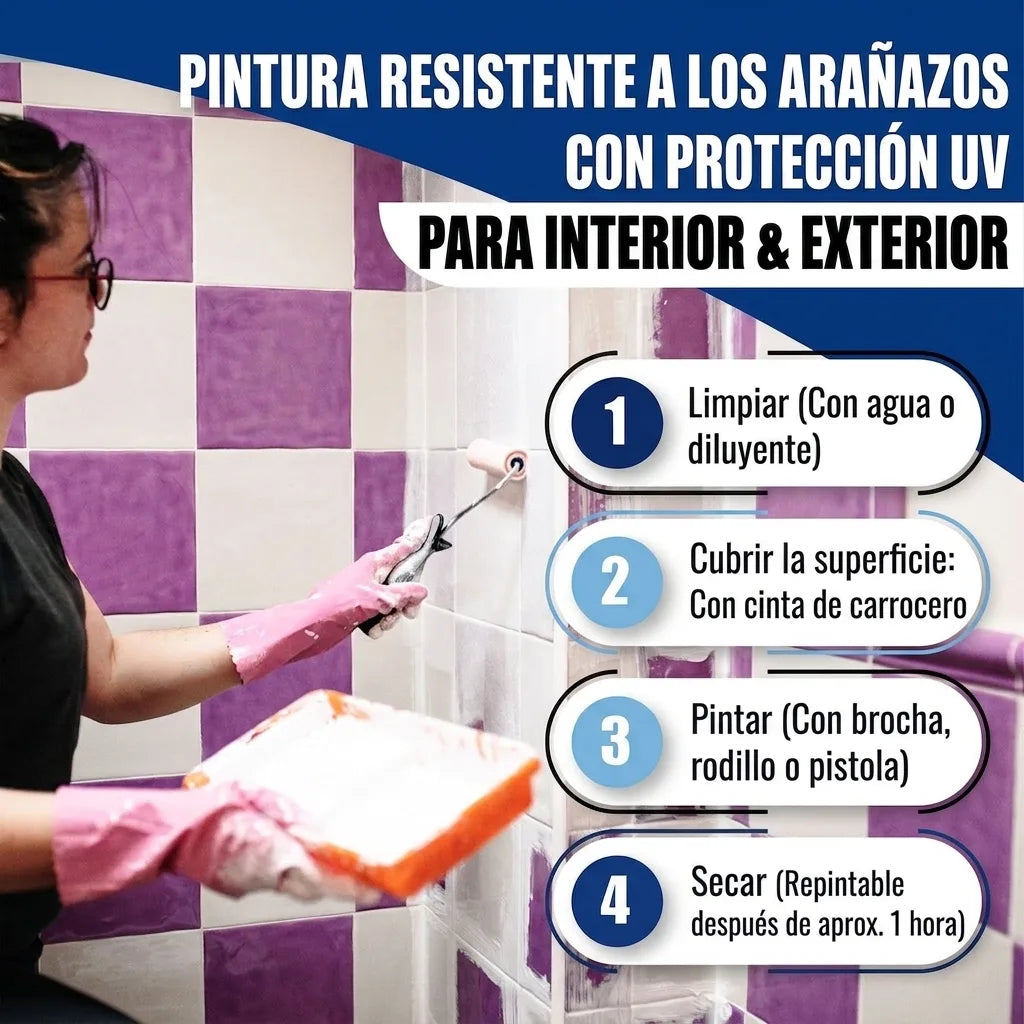 Persona pintando azulejos, con instrucciones en alemán para pintura resistente a arañazos y rayos UV: limpiar, encintar, pintar, secar.