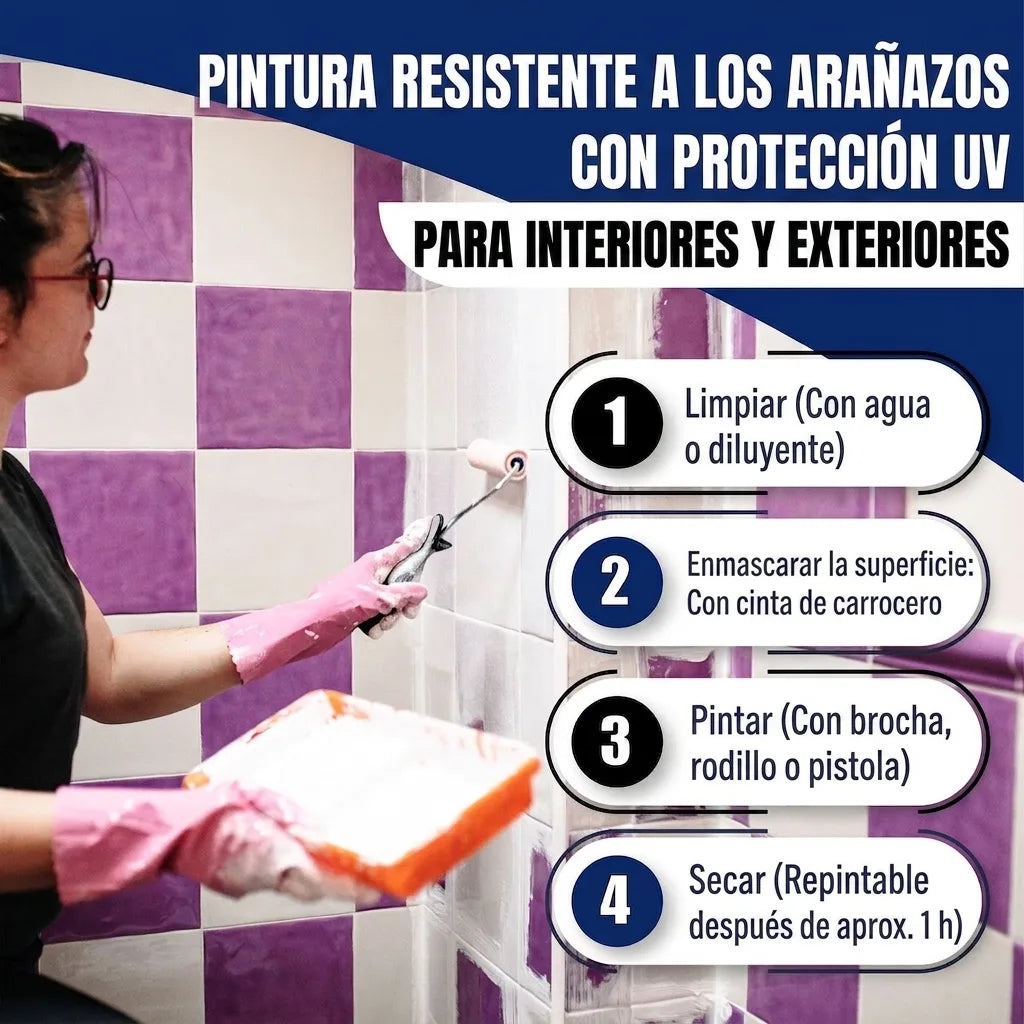 Pintura resistente a arañazos y UV para interiores/exteriores. Pasos de aplicación en alemán: limpiar, encintar, pintar, secar.